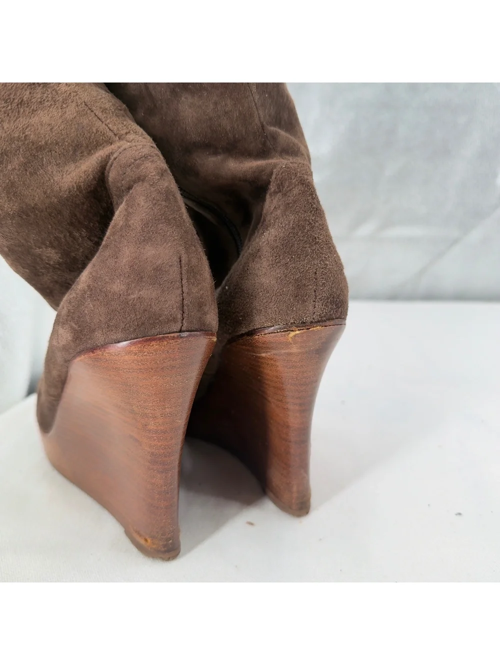 Vintage  Manntra Leather Brown Suede Wedge Knee High Boots Round Toe Size 9M